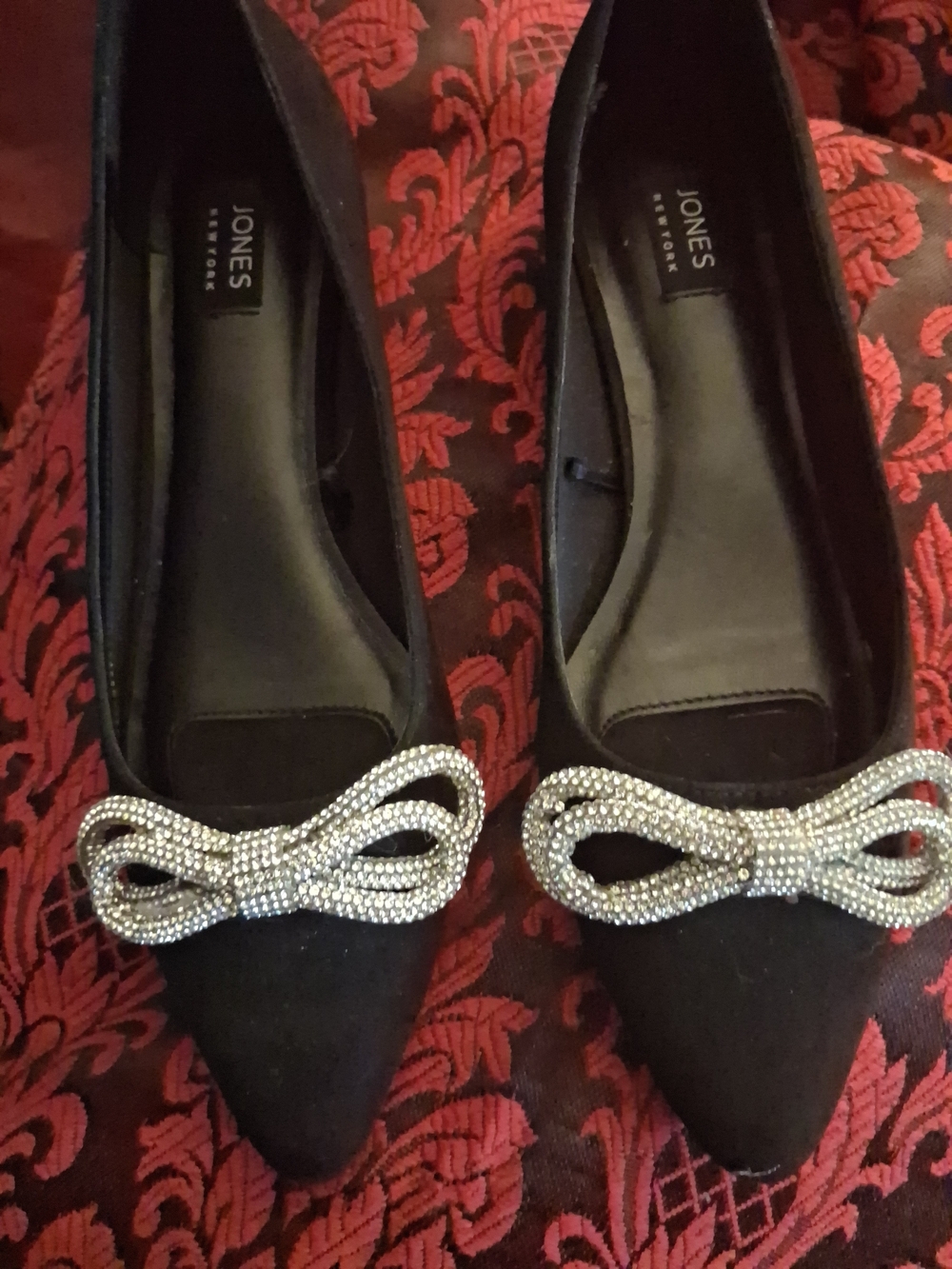 Jones New York Black Pointed Flats with Silver Crystal Bow Accent